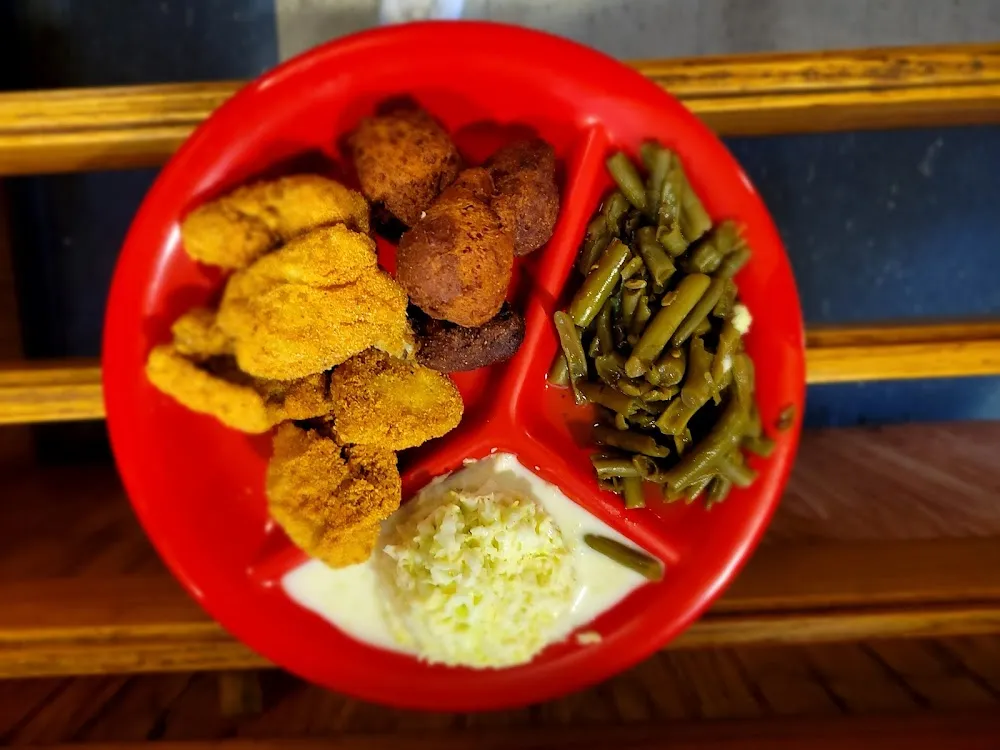 Fish with Hushpuppies Coleslaw and FF